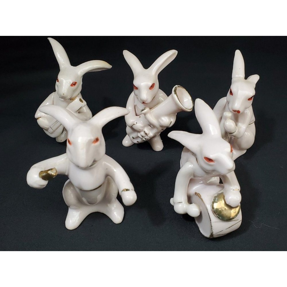 Vintage Light Pink Rabbit Red Eyes Musician Figurines (5) Made in Occupied Japan
